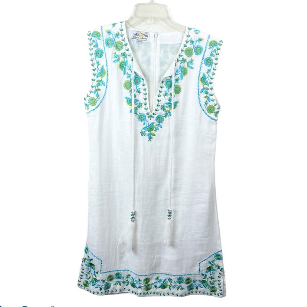 Bella Tu Embroidered 100% Linen Tassel split neck Shift Tunic Dress